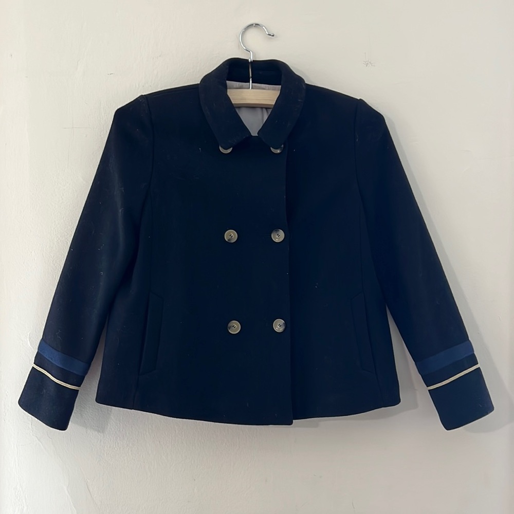 Zara Trafaluc wool mix short navy coat with embroidery and patchwork